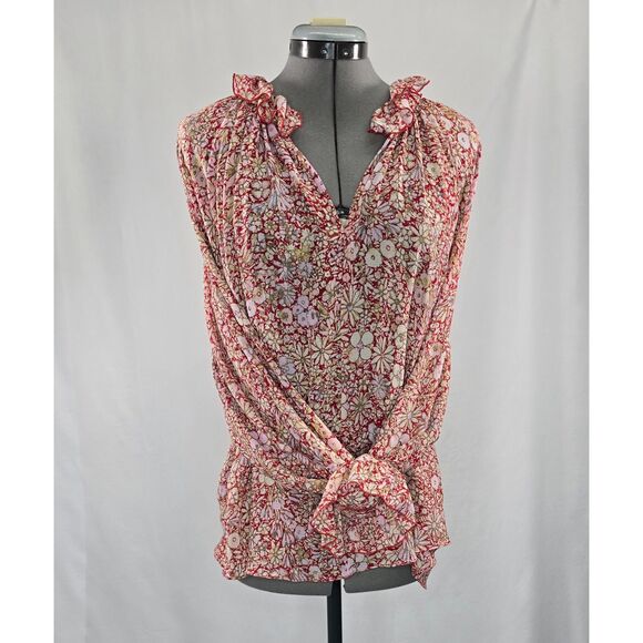 Free People Red Floral Print Boho Ruffle Neck Flowy Semi Sheer Blouse Top Medium - Picture 2 of 8